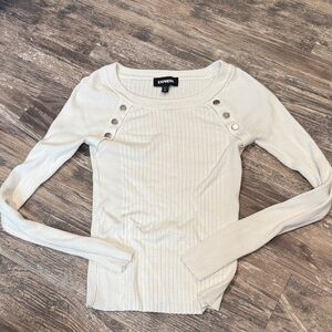 Express Cream Ribbed Long Sleeve Top with Button Detail